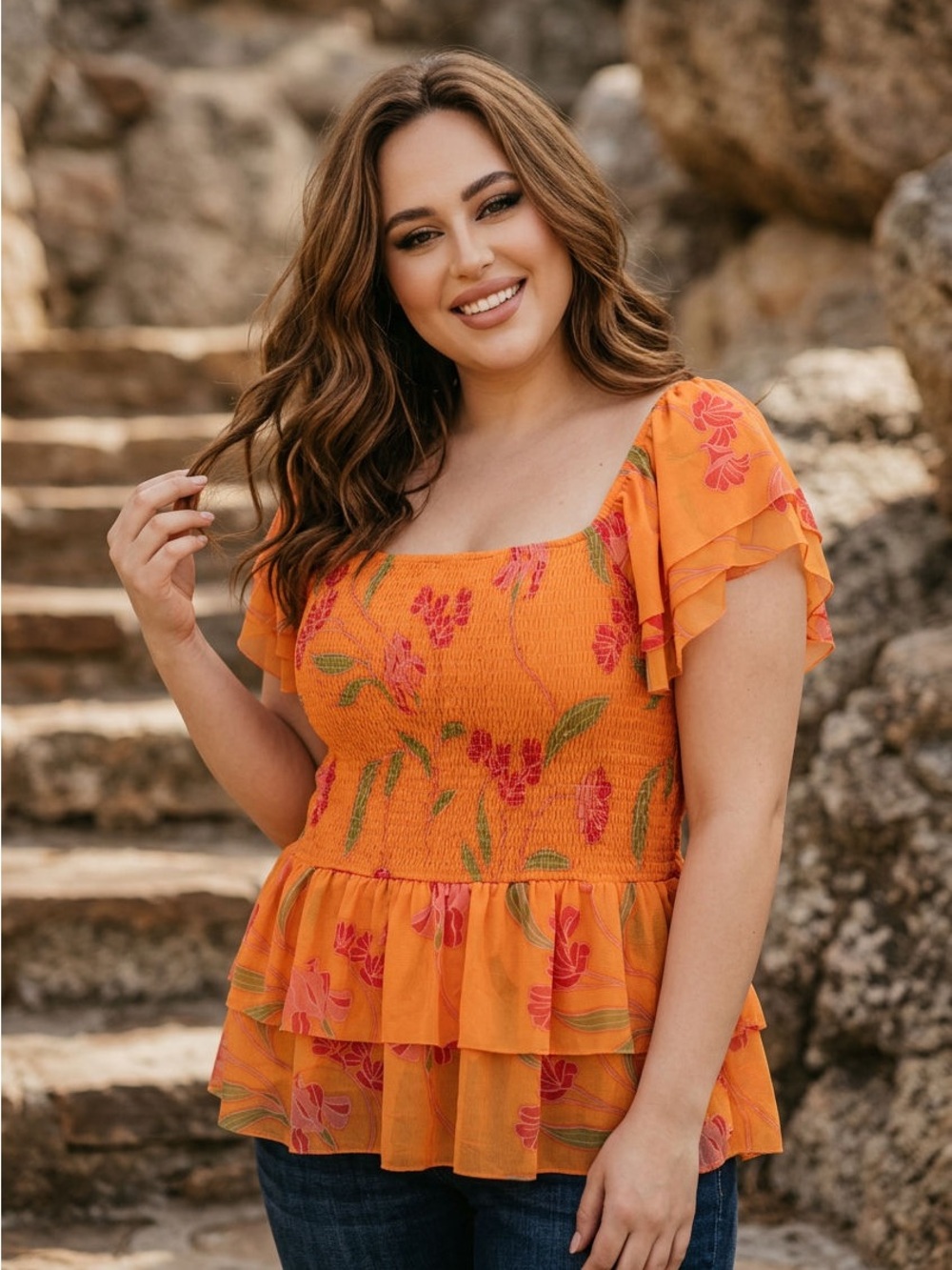 DR2 Womens XXL Orange Floral Lined Square Neck Flutter Sleeve Smocked Top